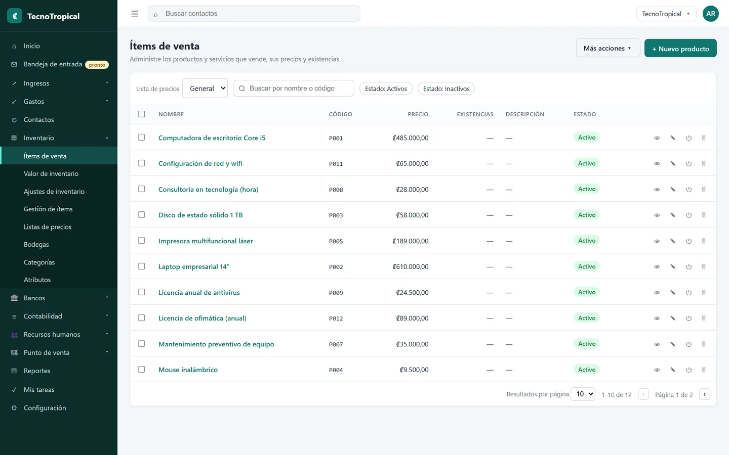 Catálogo de productos con código y precio