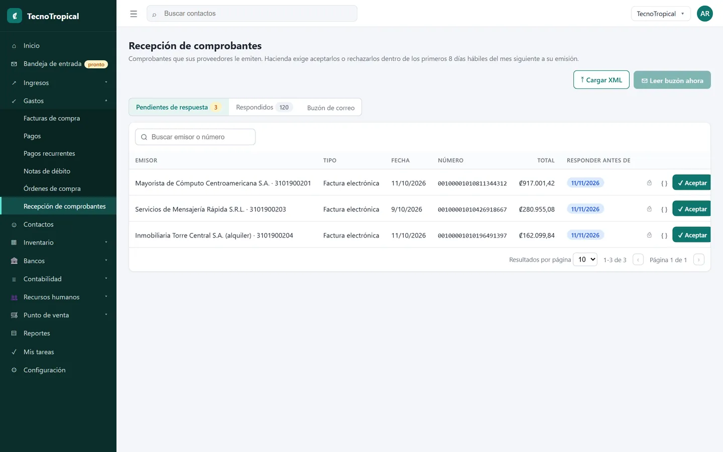 Comprobantes de proveedores pendientes de aceptar con su fecha límite
